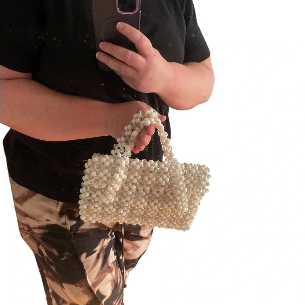 Vintage 1960s white/clear lucite beaded woven satchel handbag boho mod retro - Picture 3 of 10